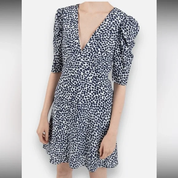 Saloni Colette Silk Crepe De Chine Navy Painterly Mini Dress Women’s US 10 - Picture 1 of 11